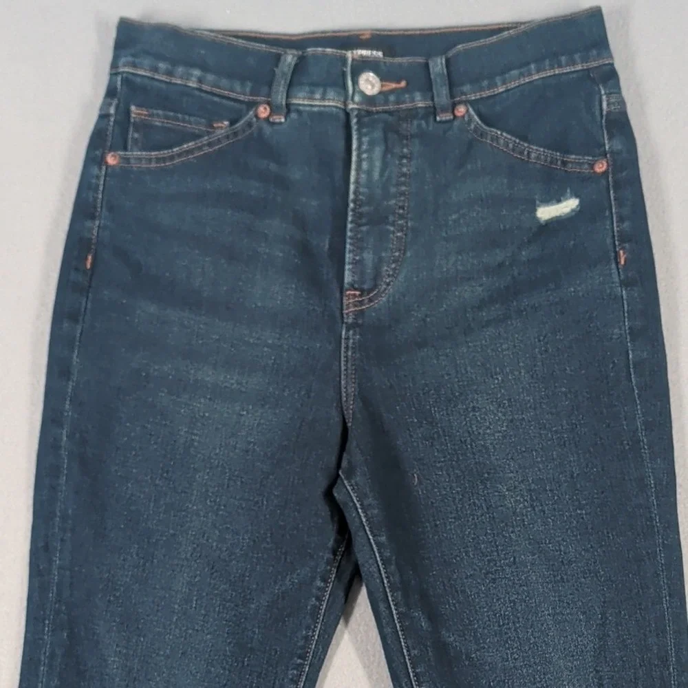 Express Slim High Rise Jeans Womens 2S‎ Dark Wash Distressed Denim Skinny